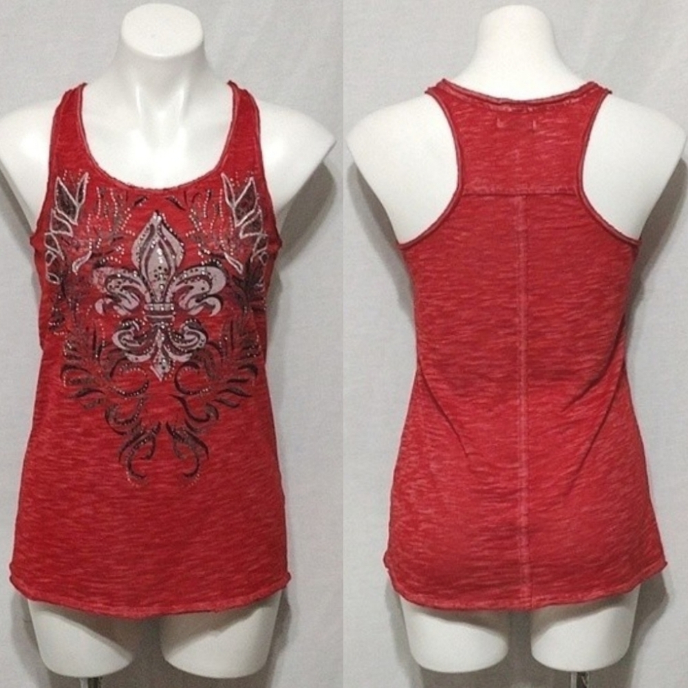 Maurices Fleur De Lis Rhinestone Racerback Red Tank Top Small Sparkle Statement
